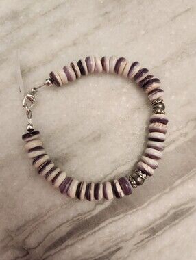 Purple and White Natural Wampum Shell Bracelet with Sterling Silver 925, NWT